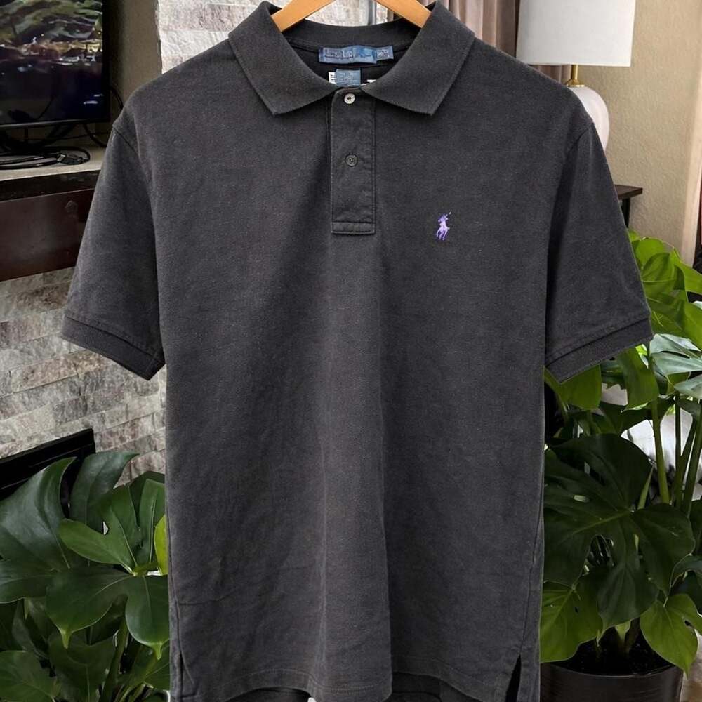 Vintage Polo Ralph Lauren Charcoal Grey Polo Shirt, Lavender Logo, Size M